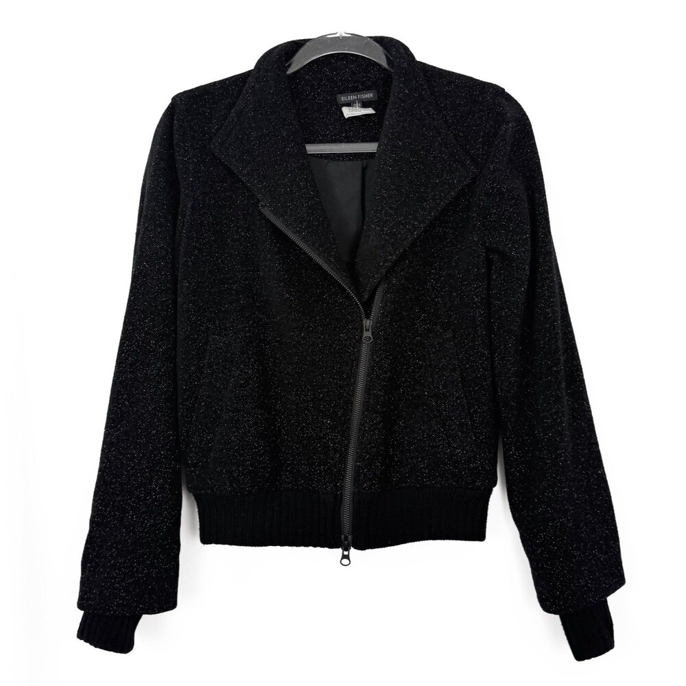 EILEEN FISHER Wool Blend Speckled Moto Jacket XXS Black Full Zip Pockets EUC B6